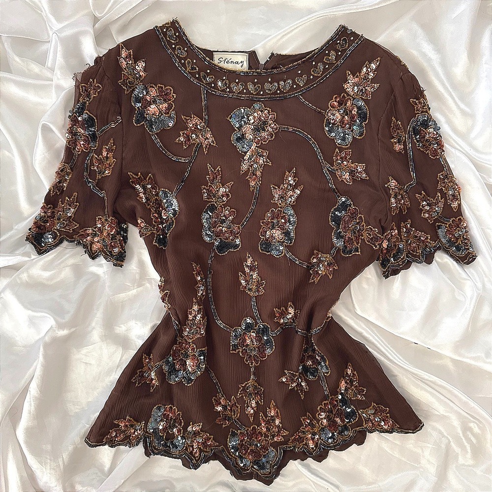Stenay Vintage Brown Silk Beaded Sequin Floral Blouse Short Sleeve Top Medium